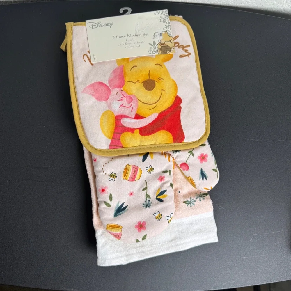 Disney Winnie the Pooh Kitchen Set 3pc Pink Floral Towel Mitt Pot Holder NEW